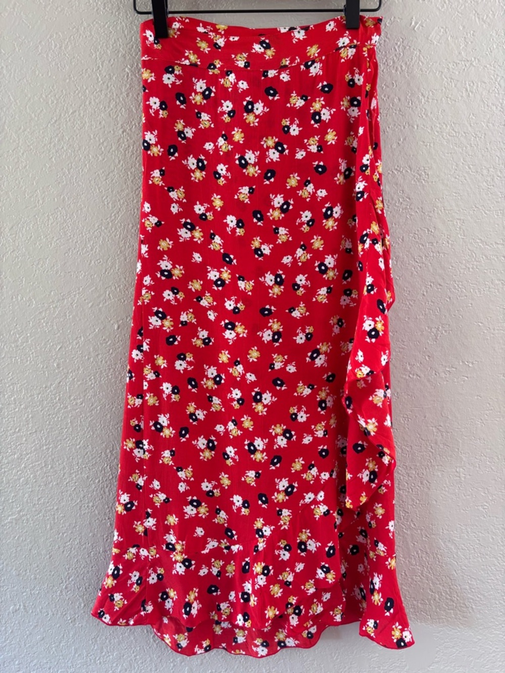 Faithfull the Brand Red Floral Wrap Skirt with Navy & Yellow Accents Size Medium